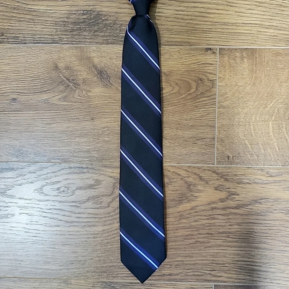 CLIP On Striped Necktie Tie Black Purple Silver Striped Young Boys